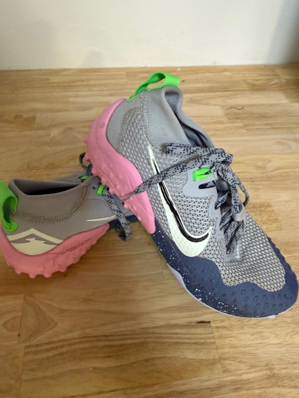 Nike Gray Mesh Sneakers with Pink Outsole and Green Accents